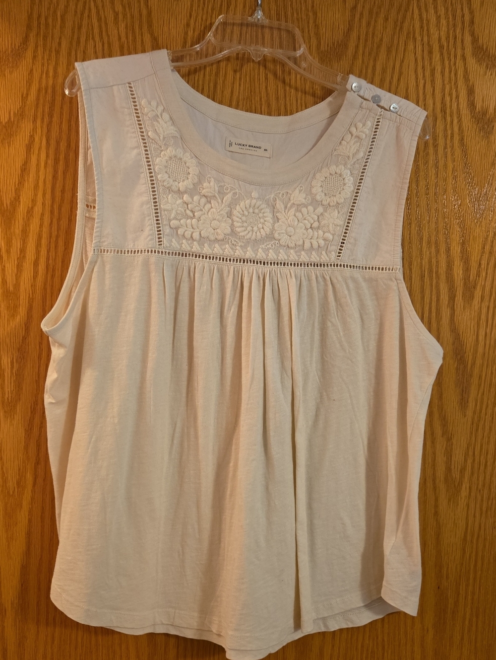 Lucky Brand Cream Embroidered Yoke Sleeveless Top